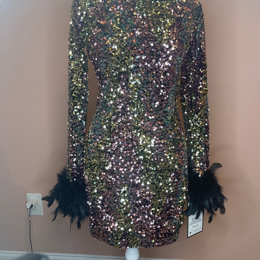 Sequin Long-Sleeve Mini Dress with Feather Cuffs - Multicolor - Picture 2 of 4